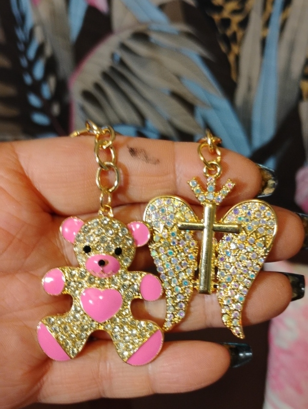 Gold Rhinestone Teddy Bear and Wing Keychain - Pink Accents